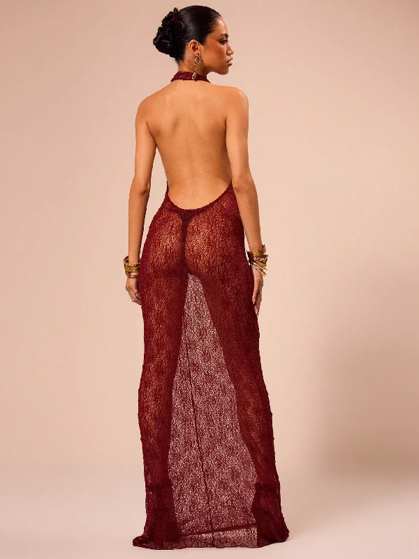 women sexy dresses with lace - up frontsBurgundy Sheer Halter Neck Maxi Dress