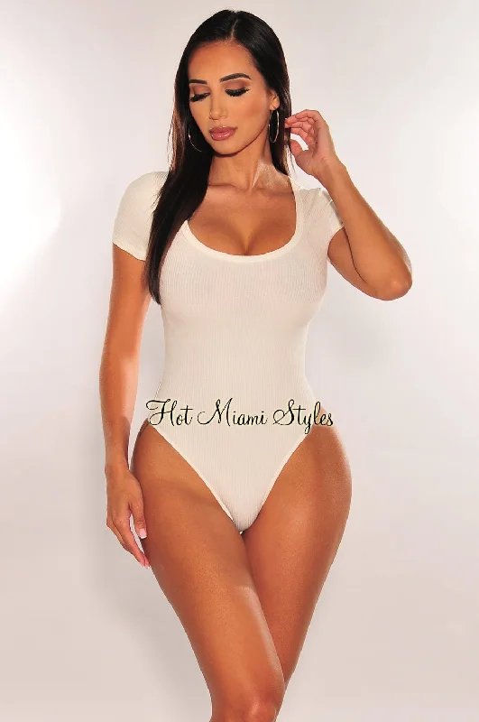 Sheer Bodysuits for a Seductive and Alluring OutfitWhite Ribbed Round Neck Short Sleeve Thong Bodysuit