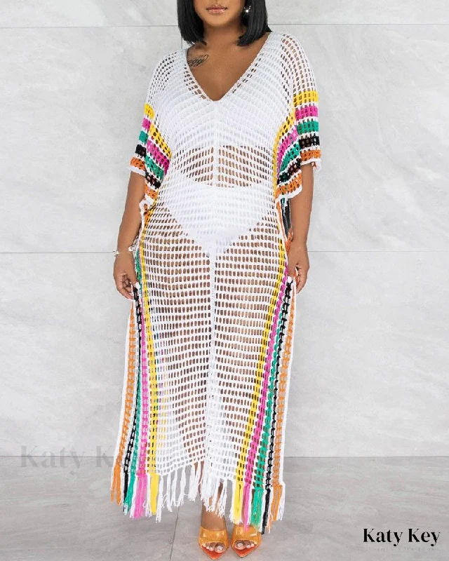 women sexy dresses for black - tie eventsKatyKey - Chic Striped Crochet Cover Up Dress with Hollow Out Design