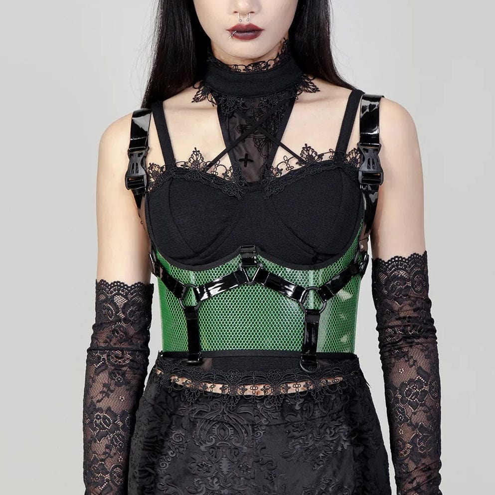 Women's Punk Buckles Mesh Underbust Corset Green