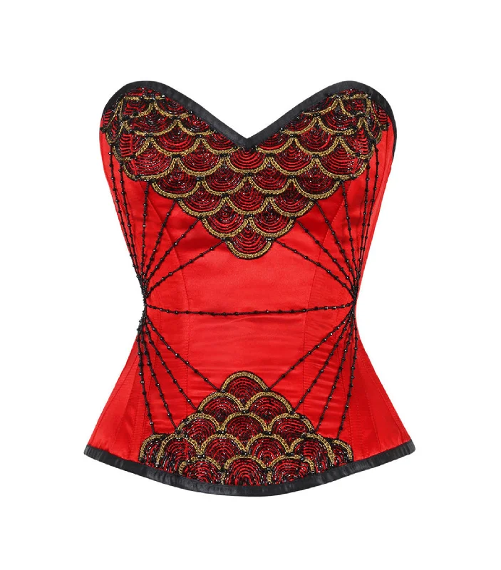 Fish Scale Embroidered Red Overbust Corset