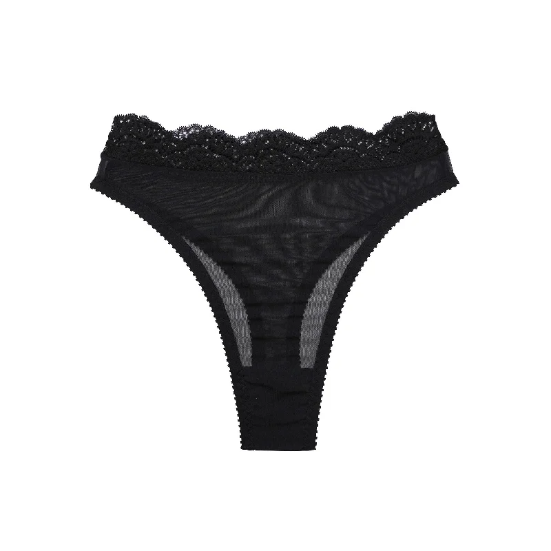 seamless bikini panties for women for a sleek silhouetteSabrina Thong Black Mesh with Lace Trim