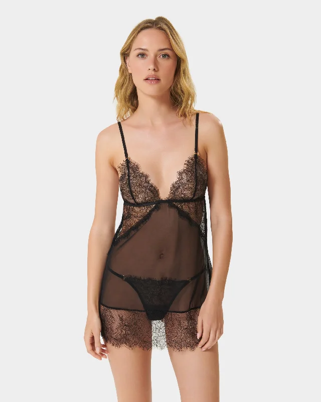 plunge push up bras for a bold lookPeony Short Chemise and Thong Set Black