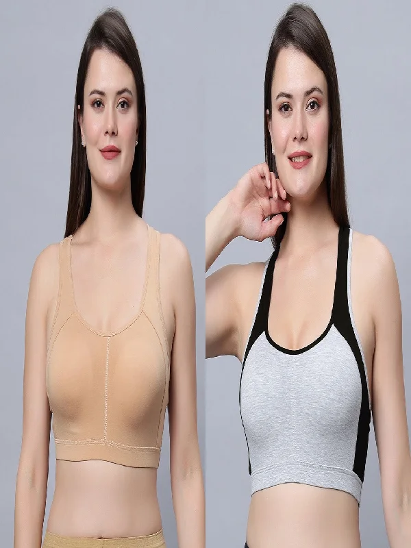 padded wireless bras for light supportFull coverage removable padding Skin and Greyblack color Sports Bra (pack of 2)